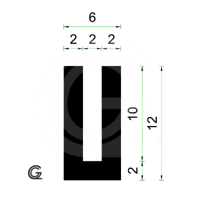 Rubber U Profile | inside size 2 mm | height 12 mm | thickness 2 mm | roll 50 meter